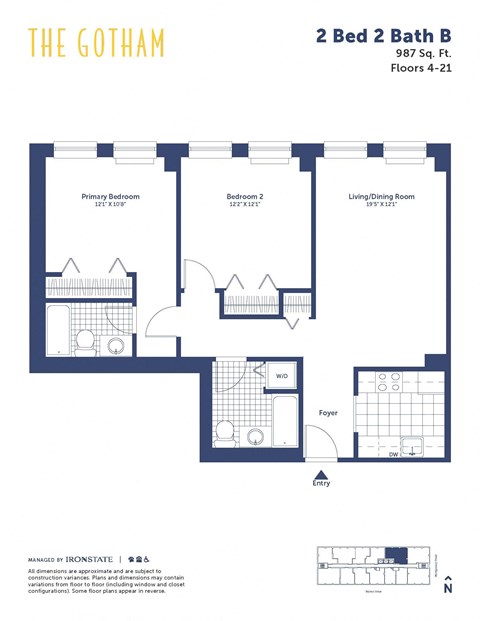 Floor plan for 2 beds, 2 baths, 987 sqft